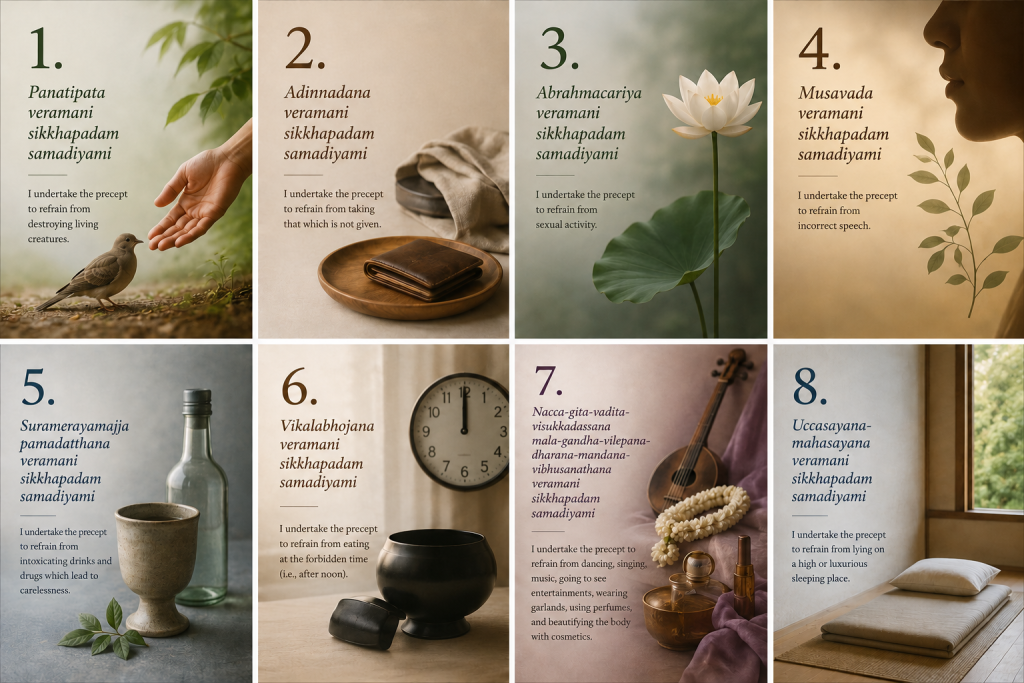 Eight-panel illustration presenting each of the Buddhist Eight Precepts with symbolic imagery and explanatory text.