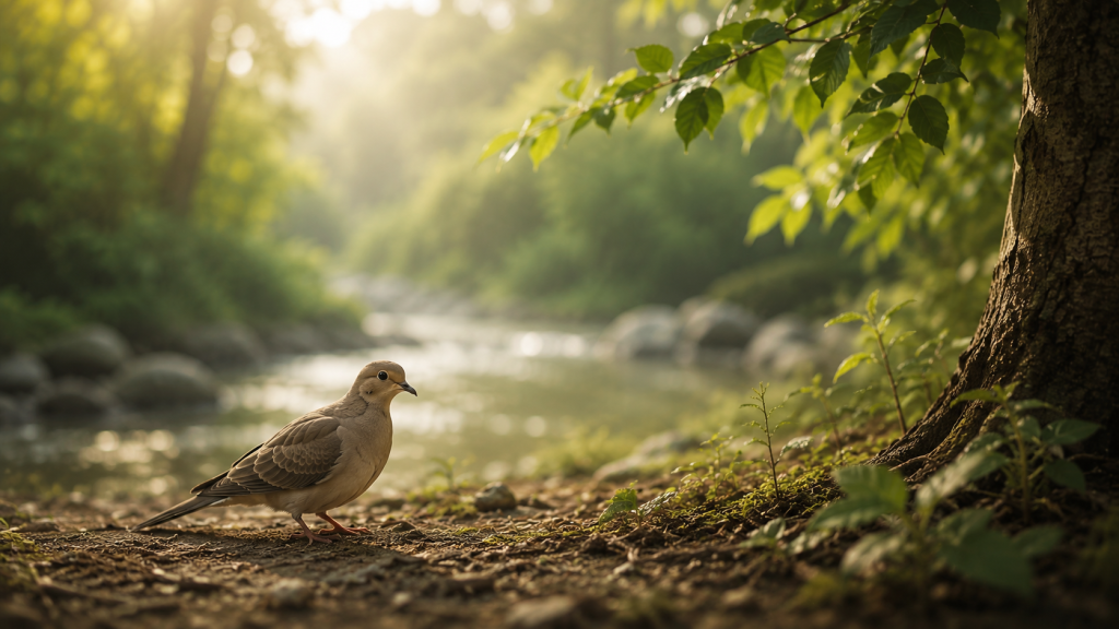 Dove standing beside a peaceful woodland stream beneath green leaves in soft morning light.