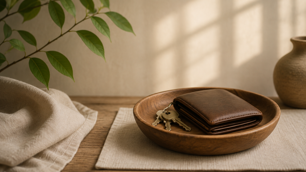 Brown wallet and keys resting in a wooden bowl beside a leafy branch and folded cloth.