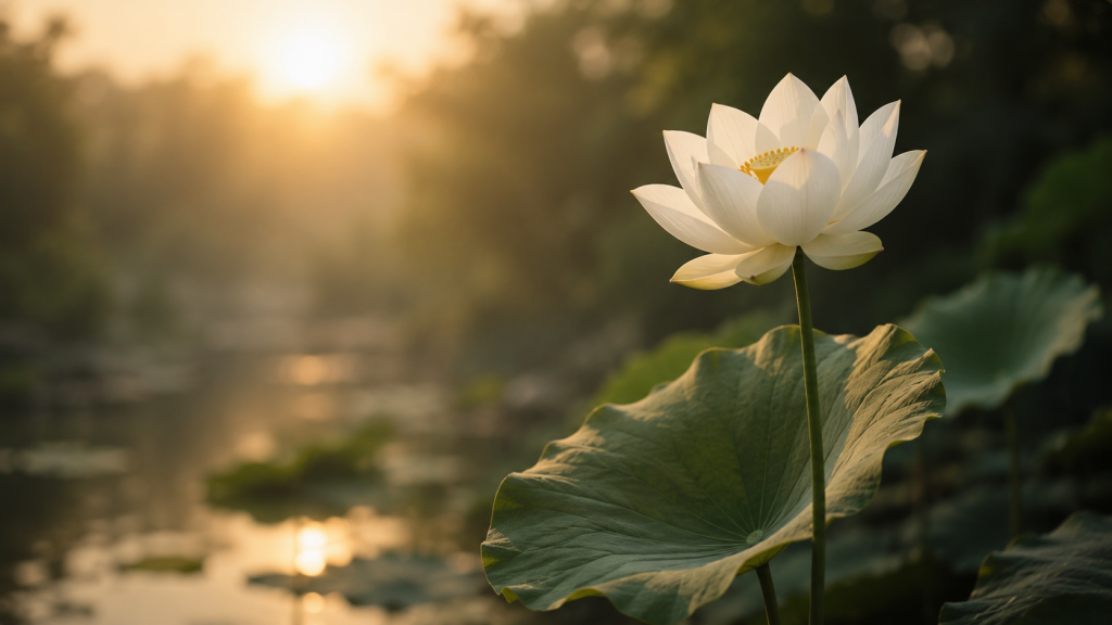 White lotus flower rising above a green lotus leaf beside a pond in warm evening light.