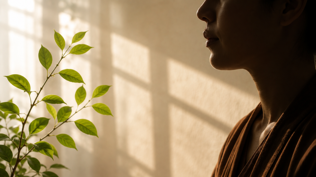Profile of a person’s mouth beside green leaves illuminated by warm window light.