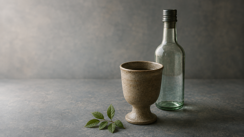 Clear glass bottle and stoneware cup beside several green leaves on a muted gray surface.