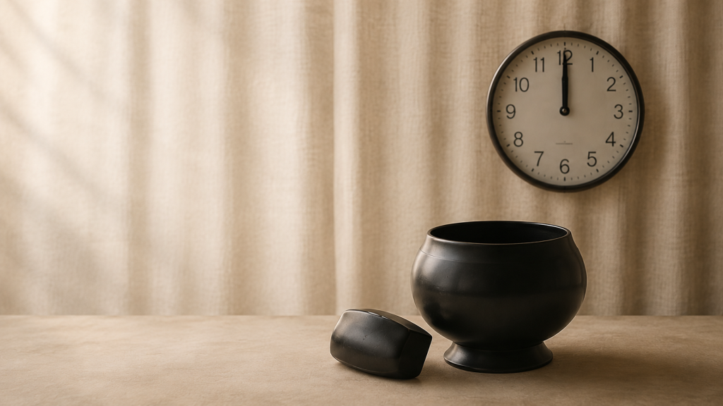 Black bowl and lid beneath a wall clock showing noon against a softly lit curtain.