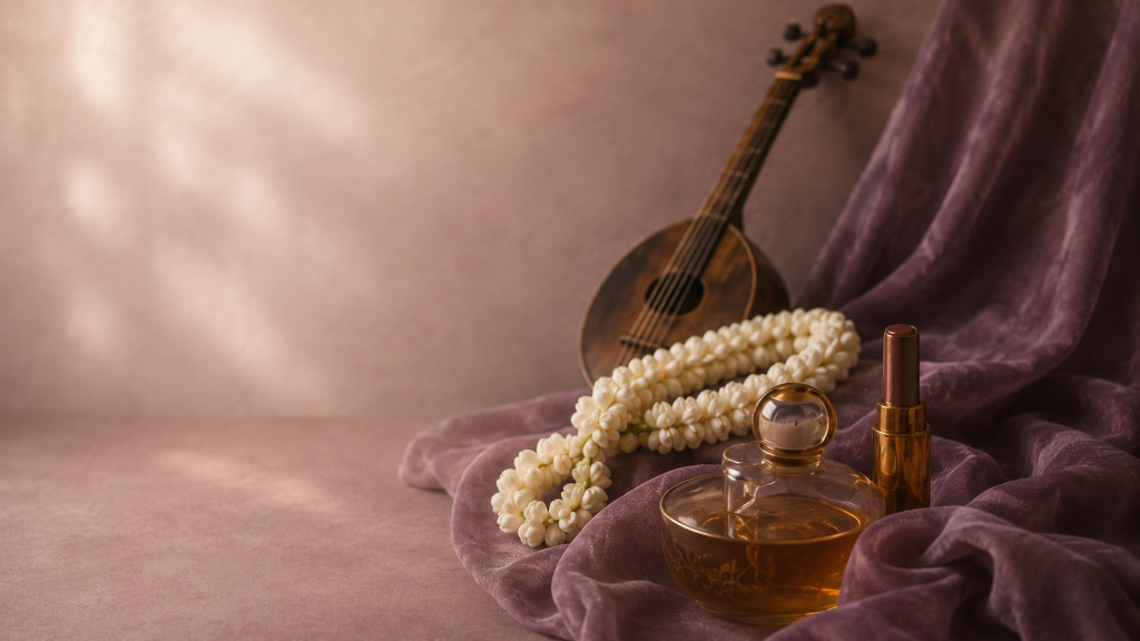 Perfume bottle, lipstick, white flower garland, and stringed instrument arranged on purple fabric.