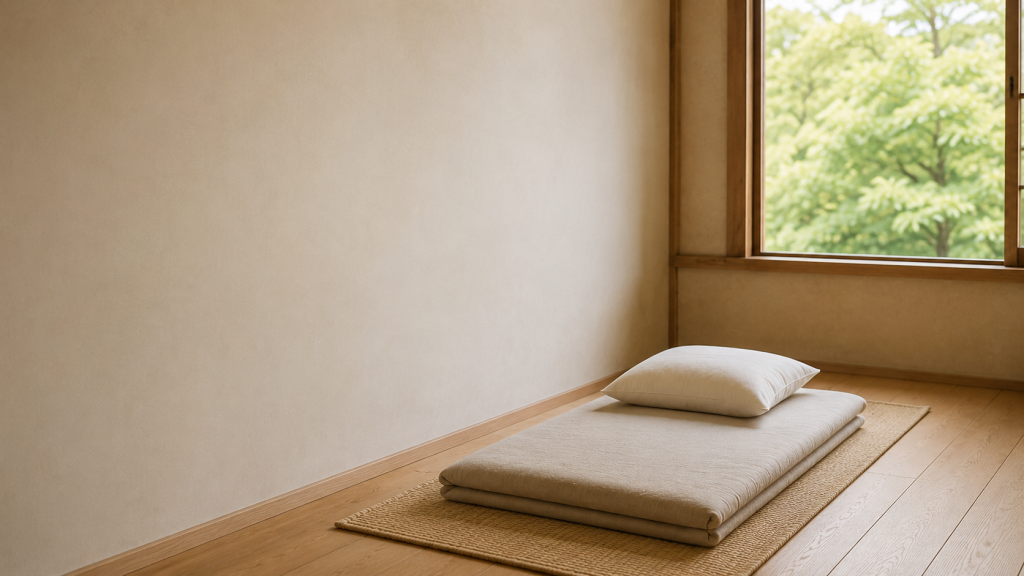 Simple floor sleeping mat and pillow beside a large window overlooking green trees.