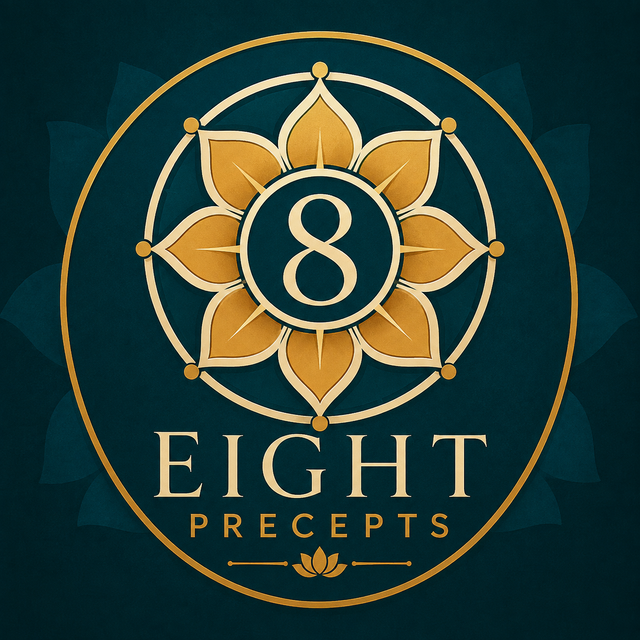 Eight Precepts logo with the number eight inside a gold lotus mandala on a dark teal background.